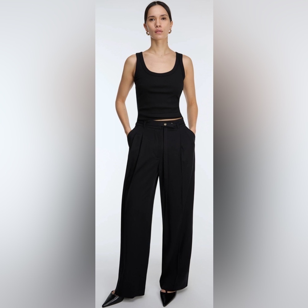 OAK + FORT High-Rise Wide Leg Belted Trousers Black Sz 4 | Pleated Suit Pant